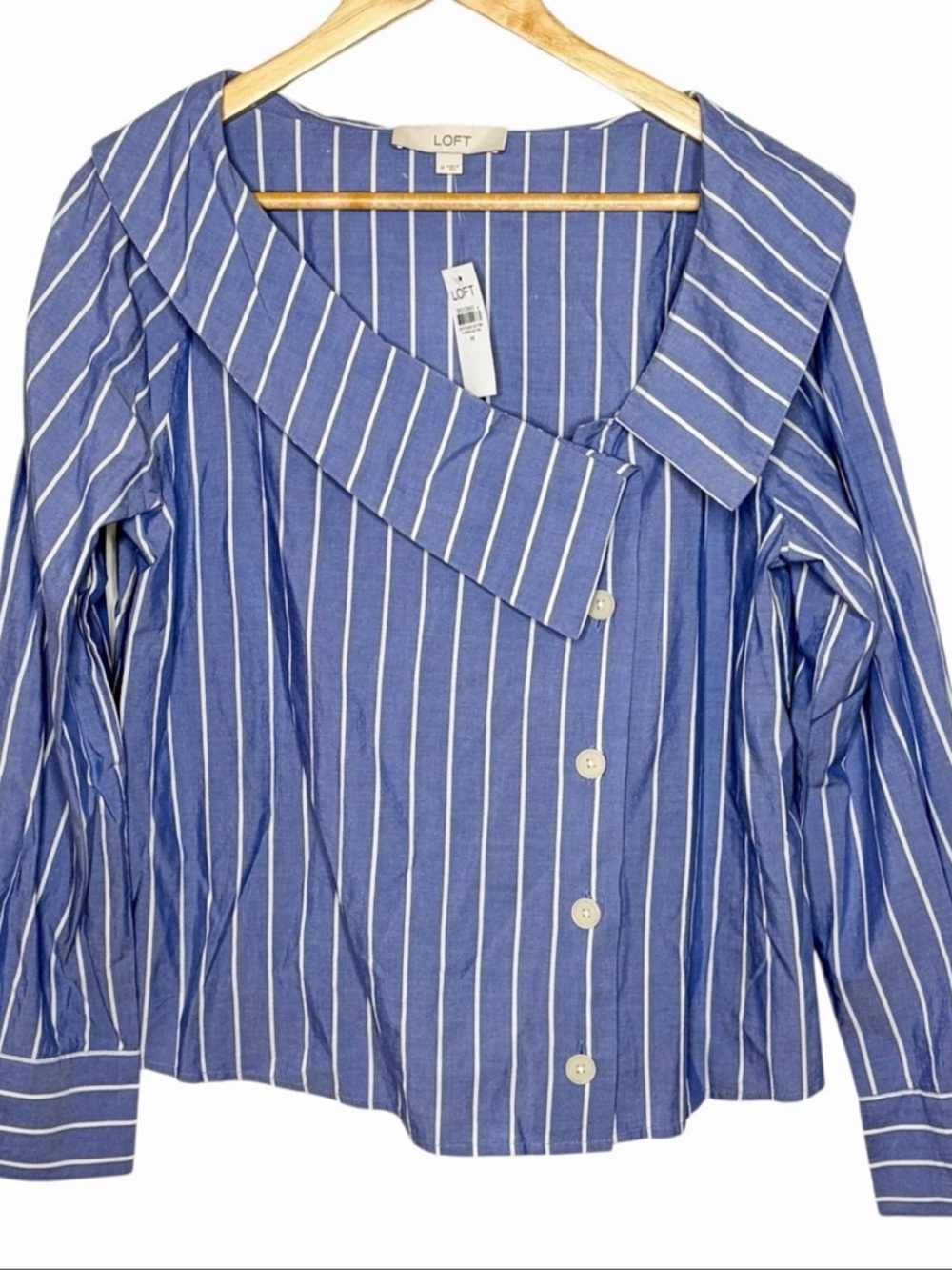LOFT Blue and White Vertical Stripe Button-Front Shirt